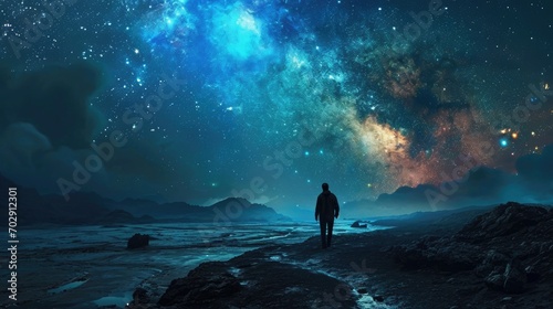 a man standing on a rocky beach, looking up at the night sky filled with stars and the Milky Way The man is surrounded by the vast expanse of the ocean, with the s