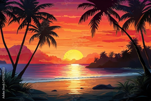 A tropical island sunset banner template, perfect for romantic getaways © PinkiePie