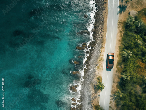 Top down view of an electric car driving on a road surrounded by the sea. Aerial photography 