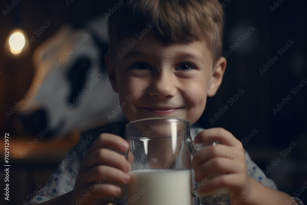 happy healthy child drinking fresh milk on the farm. calves and cows in the background. smiling boy Generative Ai happy healthy child drinking fresh milk on the farm. calves and cows in the background. smiling boy Generative Ai