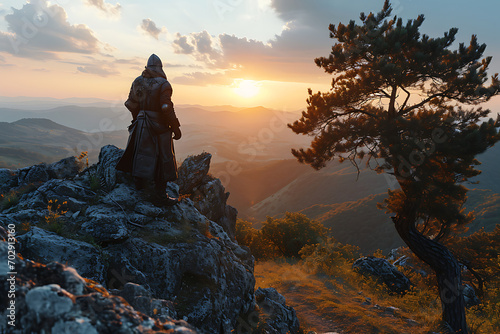 medieval knight in shining armor, atop a hill, sunset, overlooking a vast kingdom