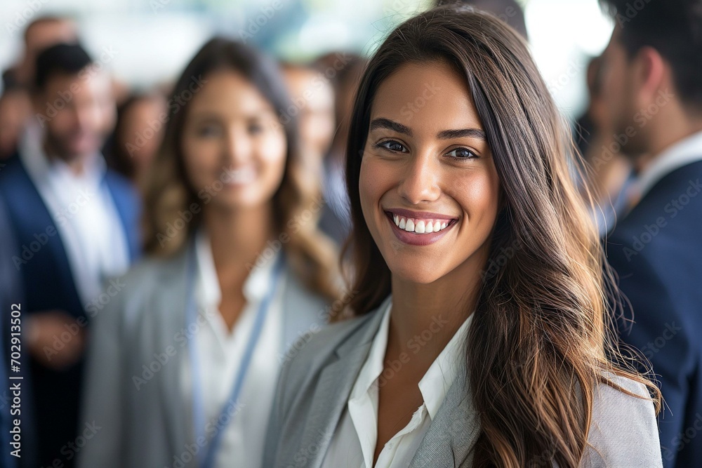 A Woman Smiling in Front of a Group A Woman Smiling in Front of a Group