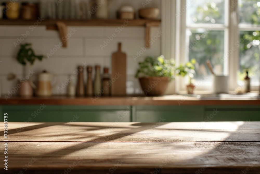 A Rustic Wooden Table in a Sunlit Kitchen A Rustic Wooden Table in a Sunlit Kitchen