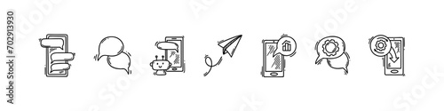 Using mobile phone doodle icon set. Hand drawn sketch online robot chatbot, Social media direct messaging, customer technical support, download and install application. Hand drawn smartphone.