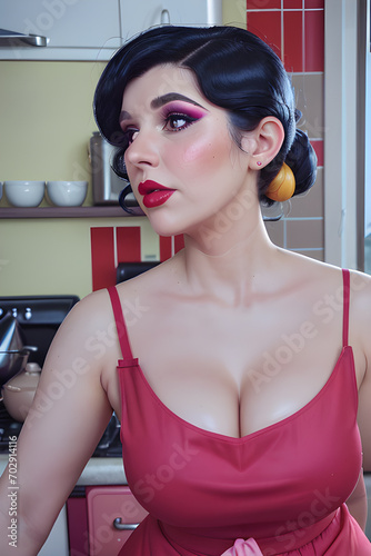 cartoon illustration of a beautiful woman in vintage style, cartoonised in a fun way