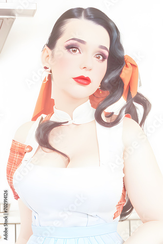 cartoon illustration of a beautiful woman in vintage style, cartoonised in a fun way