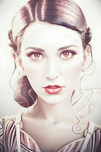 cartoon illustration of a beautiful woman in vintage style, cartoonised in a fun way