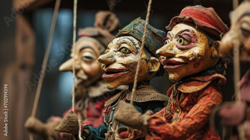  a group of puppets hanging from strings with faces painted to look like they are wearing hats and scarves.