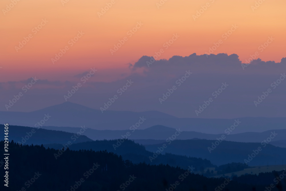 landscape with the Giant Mountains in the background at sunset, Czech Republic