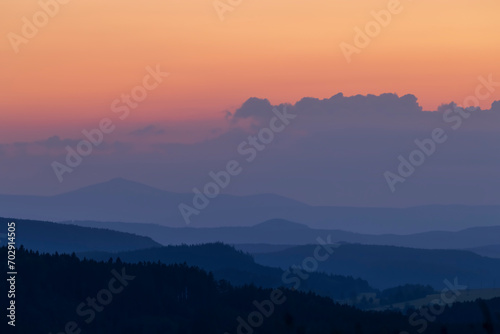 Fototapeta Naklejka Na Ścianę i Meble -  landscape with the Giant Mountains in the background at sunset, Czech Republic