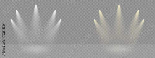 Light rays effect vector on transparant scene. Stage lamp on award ceremony flare the event. Spot beam shine and glow, illuminate concert studio.