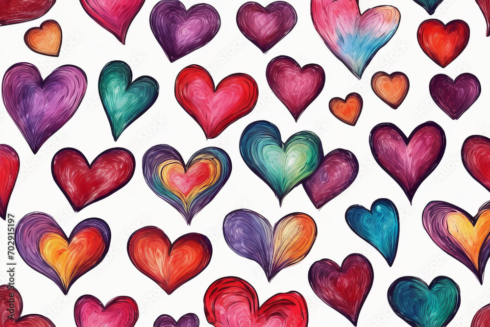 Paining different colorful hearts set. Hand drawn. Generative AI