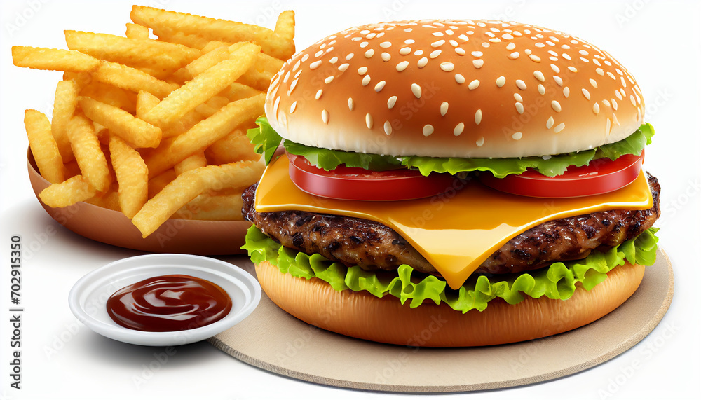 Frying potatoes and a large, delicious hamburger are isolated on a white background. Frying potatoes and a large, delicious hamburger are isolated on a white background.