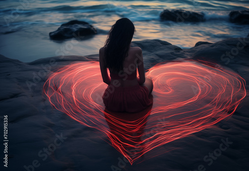 Young woman sitting on shoreline on a heart