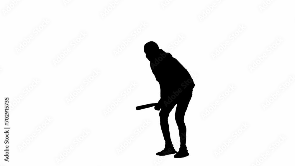 Black silhouette of thief on isolated white background. A male robber in hoodie and balaclava walks with a wooden club in his hands, preparing to commit a crime. Half-turn. Black silhouette of thief on isolated white background. A male robber in hoodie and balaclava walks with a wooden club in his hands, preparing to commit a crime. Half-turn.