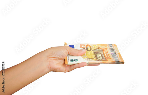 Hand holding euro money isolated on white background. © Phuangphet