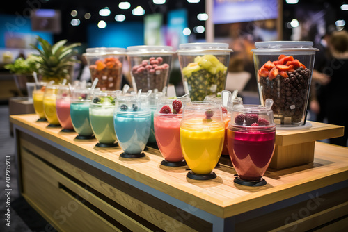 A lively yogurt smoothie station at a health expo - featuring blending machines and a vibrant selection of fruits