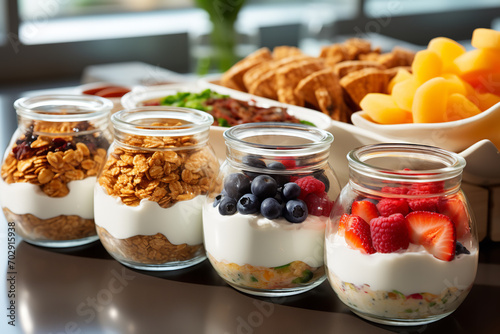 A hotel breakfast buffet scene featuring a yogurt and granola station - offering a wide selection of fresh ingredients and toppings