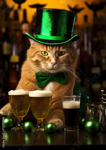 Cats celebrating St Patrick's Day dressed as Leprechauns at the pub drinking beer