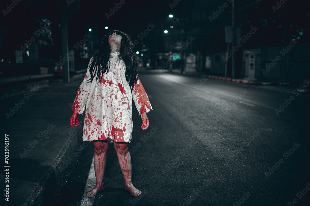 Horror woman concept,Ghost on the road in the city,A vengeful spirit on the street of the town,Halloween festival,Make up ghost face Horror woman concept,Ghost on the road in the city,A vengeful spirit on the street of the town,Halloween festival,Make up ghost face
