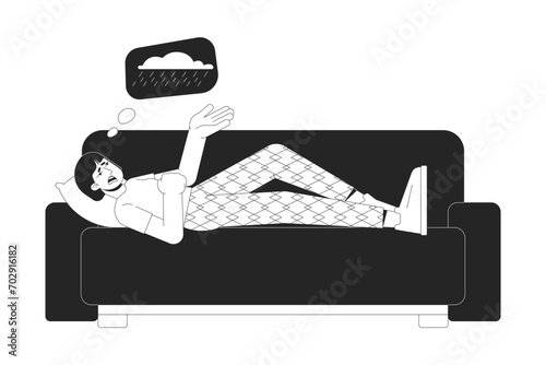 Depressed female patient lying on sofa black and white 2D line cartoon character. Winter blues sad asian woman isolated vector outline person. Seasonal depression monochromatic flat spot illustration