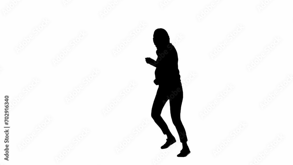 Black silhouette of a woman on a white isolated background. A young girl runs, fearfully looking around, fleeing faster from danger. Half turn. Black silhouette of a woman on a white isolated background. A young girl runs, fearfully looking around, fleeing faster from danger. Half turn.
