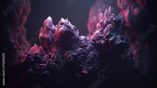 Crystals with druze. Deep stone cave inside. Exploring dark underground caverns. Illustration for banner, poster, cover, brochure or presentation. photo