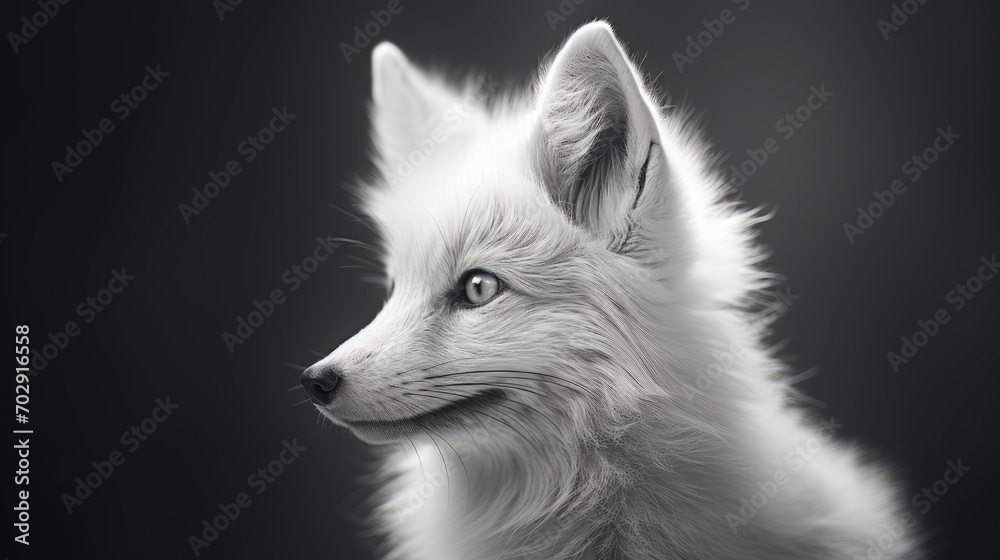 Obraz premium Close-up of fox face with white fluffy fur. Animal in habitat in monochrome style. Illustration for cover, card, interior design, brochure or presentation.