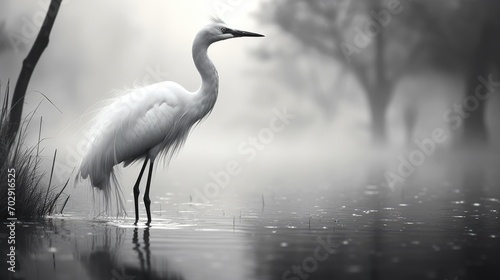 A wading bird stands in the water. White heron in the misty morning. Natural background. Illustration for cover, card, postcard, interior design, banner, poster, brochure or presentation. © Login
