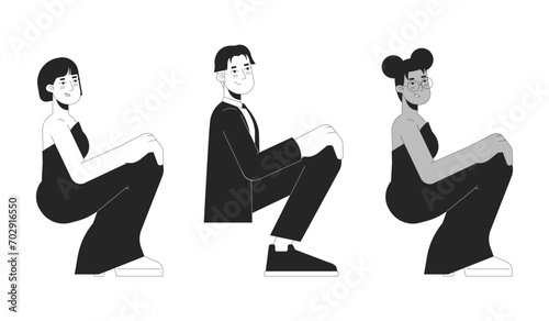 Prom girls and boy black and white 2D line cartoon characters set. Diverse young adult isolated vector outline people collection. High school graduation party monochromatic flat spot illustrations