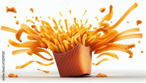 Isolated French fries hover over a white background. photo