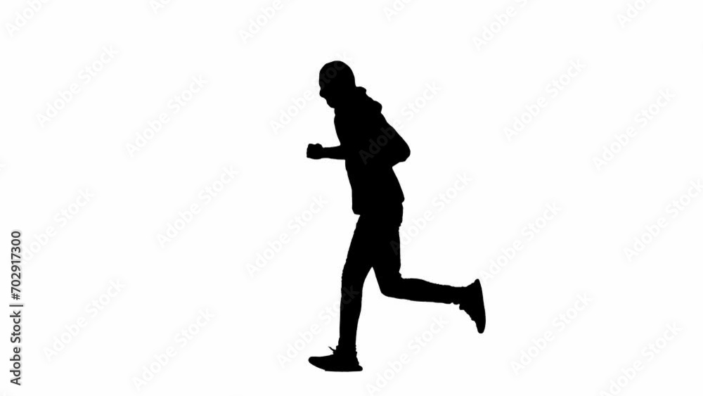 Black silhouette of thief on isolated white background. Male robber in hoodie and balaclava running. Concept of crime and thievery. Side view.