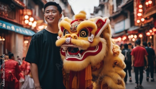 potrait Chinese family with a lion dance in china town photo