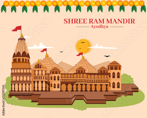 The Ram Mandir spiritual Hindu temple in Ayodhya birthplace of Rama with garland background