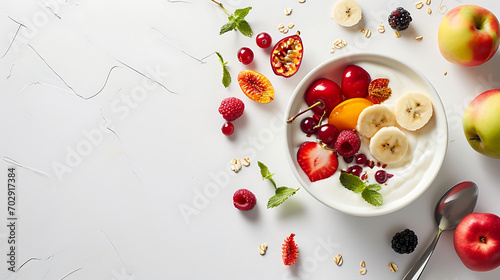 Fresh Fruit Assortment with Yogurt, Wholesome Breakfast Spread, Healthy Eating Concept, Nutritious Snack Selection
