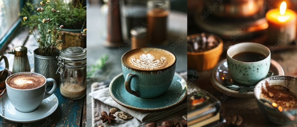 Fototapeta premium Inviting Coffee Spread with Latte Art, Fresh Espresso, and Candlelight in a Rustic Home Setting