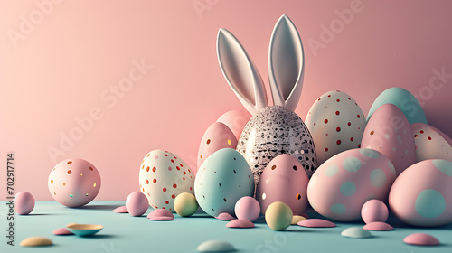 3D illustration of bunny with a basket of Easter eggs, ample copyspace on the side pastel color theme,, easter bunny and easter eggs, 