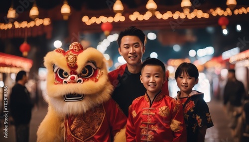 potrait Chinese family with a lion dance in china town