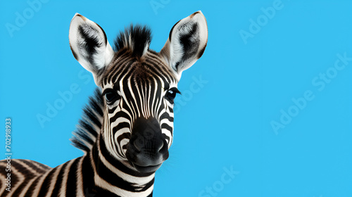 Baby zebra face on blue background сlose up 