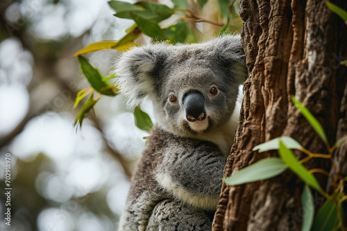An enchanting image of a round-faced chubby koala clinging to a eucalyptus tree, cheeks squished against the leaves, epitomizing the irresistible cuteness of pudgy marsupial compan photo
