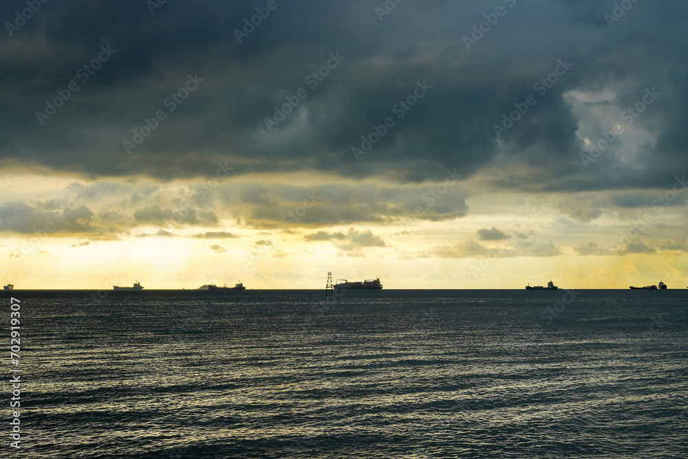 Rows of industrial container ships queuing on the ocean outside. International maritime freight stretching out to the horizon