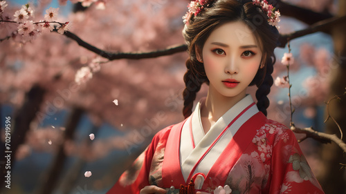 Beautiful asian woman in traditional japanese kimono with sakura flowers