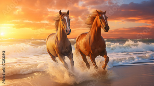 Two horses running along coast sunset background