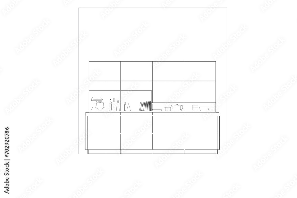 Kitchen interior furniture isolated on a white background, outline illustration, sketch Kitchen interior furniture isolated on a white background, outline illustration, sketch