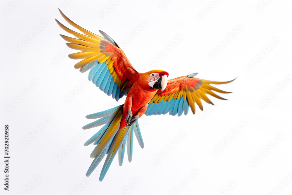 Fototapeta premium Parrot flying on white background. Generative AI
