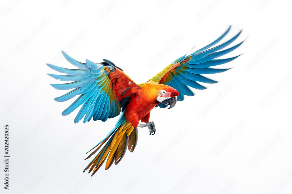 Parrot flying on white background. Generative AI