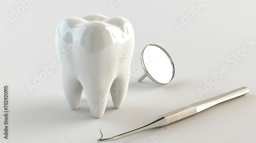 Sleek and Modern Dental Care Tools: High-Quality 3D Rendered Image of Tooth Model with Dentist's Mirror and Probe.
