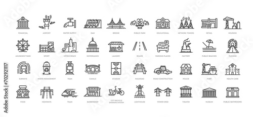 Set of line icons related ro public infrastructure. City elements