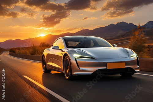 Futuristic electric car on highway sunset. Very fast driving. Electric car moving on autumn road. Fall scene. Vacation concept background. photo