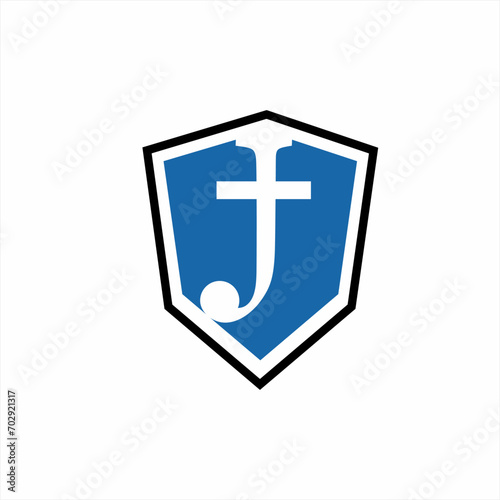 Letter J logo design with cross and shield.